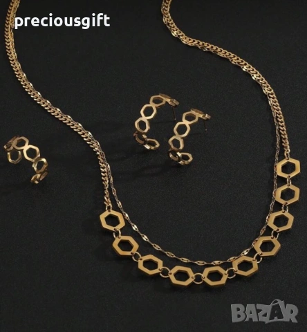 Комплект бижута от неръждаема стомана - колие, обеци и пръстен, снимка 2 - Бижутерийни комплекти - 53101566