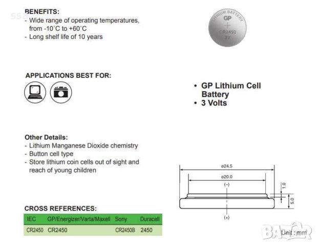 GP Бутонна батерия CR2450 Lithium 3 V (5 бр.) CR 2450, снимка 6 - Друга електроника - 43063731