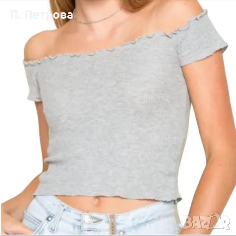 сива къса блузка с голи рамене H&M, снимка 3 - Тениски - 42065637