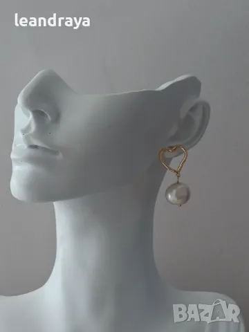 Обеци с големи перли и сърце, снимка 4 - Обеци - 49021935