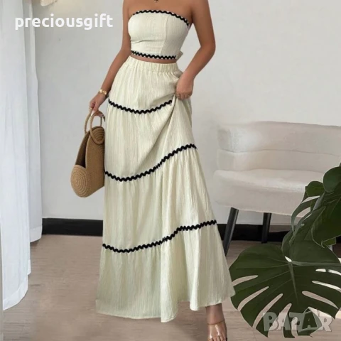 Дамски комплект - дълга пола и топ без презрамки, наличен в бежово, черено, червено, синьо, жълто