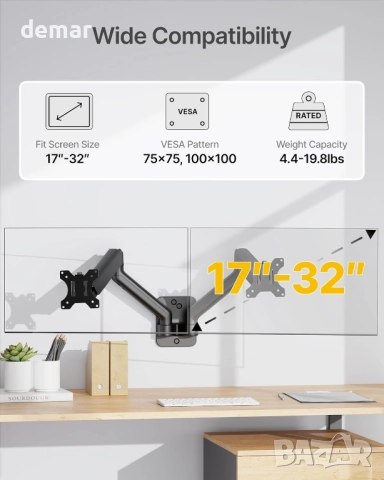 Стенна стойка monTEK за два монитора 17–32 инча, до 9 кг всеки, снимка 2 - Стойки, 3D очила, аксесоари - 52272833