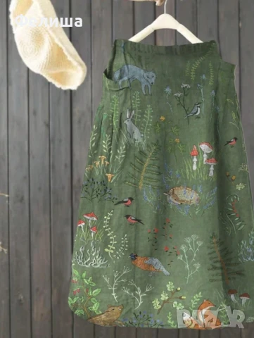 Пленително Касива Дълга Пола - Приказен Горски Свят с Червени Гъби и Животинки, снимка 6 - Поли - 50492317