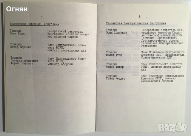 Списък Участници в среща на Варшавския договор 1987, снимка 3 - Антикварни и старинни предмети - 32259486