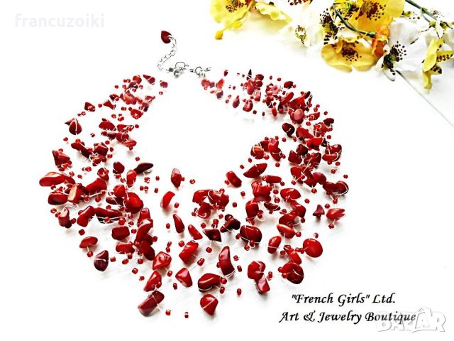 Колие от червен корал - многоредно, снимка 5 - Колиета, медальони, синджири - 15674386