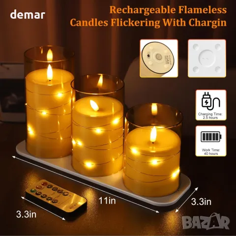 Glowtink 3 бр.LED свещи акумулаторни безпламъчни, дистанционен таймер, мигащи, декор, 4" 5" 6",жълти, снимка 3 - Декорация за дома - 47378601