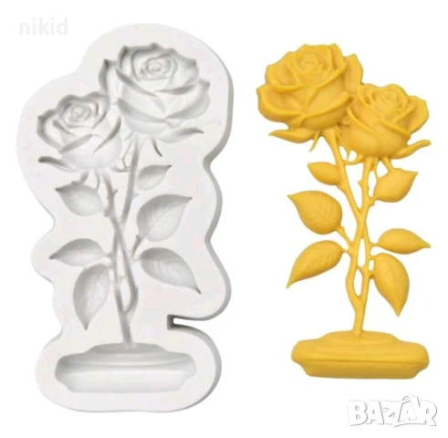 2 рози клонка клонки раза с листа на стойка силиконов молд форма фондан шоколад гипс декор украса, снимка 2 - Форми - 50500389
