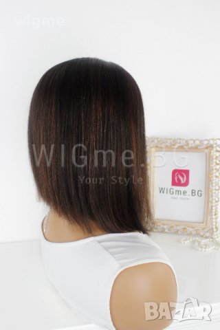 Тъмнокестенява перука от ЕСТЕСТВЕН косъм с медни кичури Селена, снимка 5 - Аксесоари за коса - 37879755