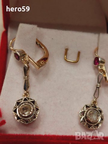 Стари златни обеци с диаманти и рубини, снимка 2 - Обеци - 43574987