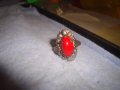 СТАР БРОНЗОВ РЕТРО АР НУВО ФЛОРАЛЕН ПРЪСТЕН с ЧЕРВЕН КАТАЛИН 22337, снимка 6