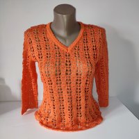 Оранжева дамска блузка финно плетиво, снимка 3 - Блузи с дълъг ръкав и пуловери - 35078491