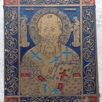 Стара малка бронзова икона с емайл - Свети Никола, снимка 1 - Антикварни и старинни предмети - 44882293