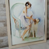 Картина "Момиче с куче" - акварел върху картон - рамкирана, снимка 3 - Картини - 35141816