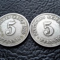 Стара монета 5 пфенига 1910 г.  буква  А , 2 броя- Германия- хит цена !, снимка 10 - Нумизматика и бонистика - 39779332