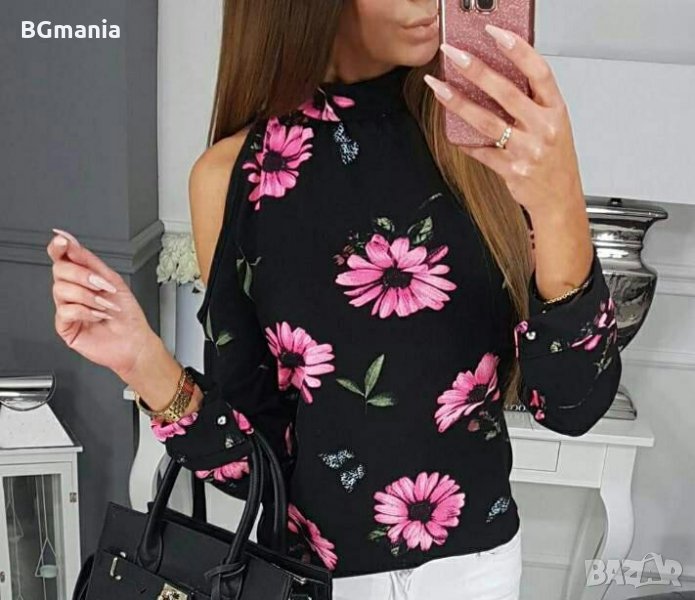 Блуза в черно с цветя и цепки на рамената размер М-Л, снимка 1