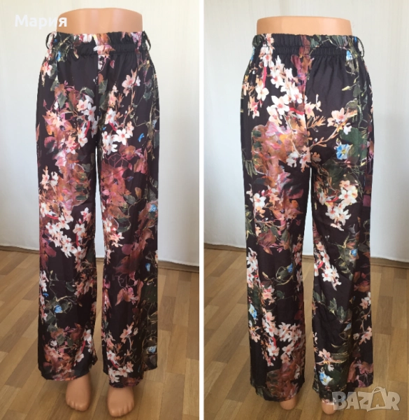 С размер Нов Италиански Дамски Летен Панталон New Collection Pink Широк Флорален Черен Цветен Шарен, снимка 1