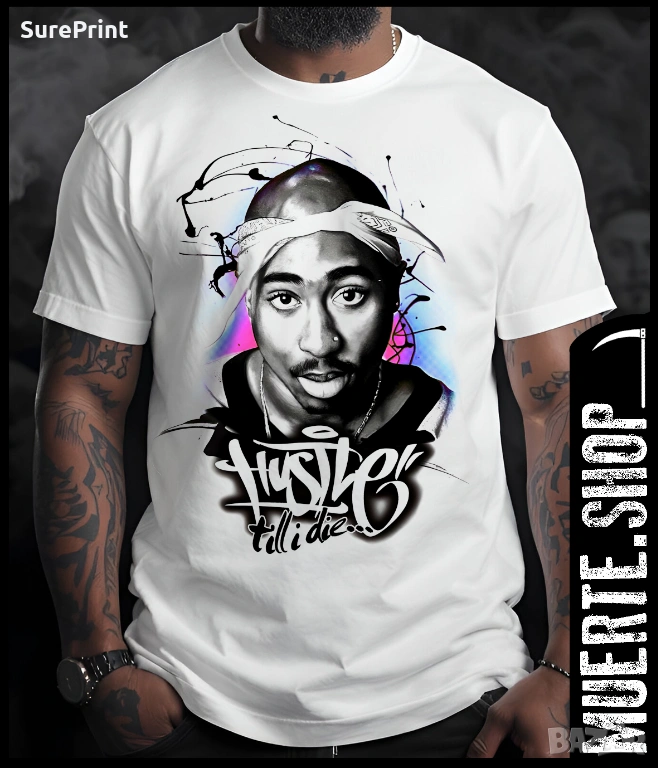Бяла тениска HUSTLE HIGH TILL I DIE с хип-хоп street послание., снимка 1