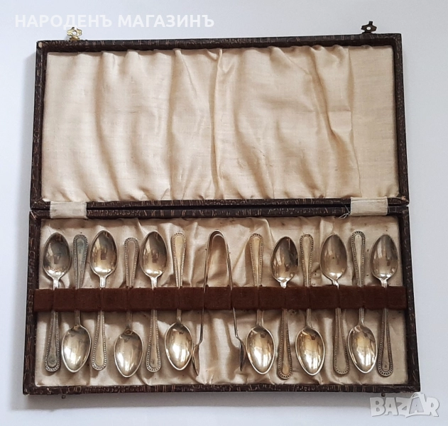 АНГЛИЯ - сервиз 12 посребрени лъжички кафе чай с щипка за захар лед, снимка 1