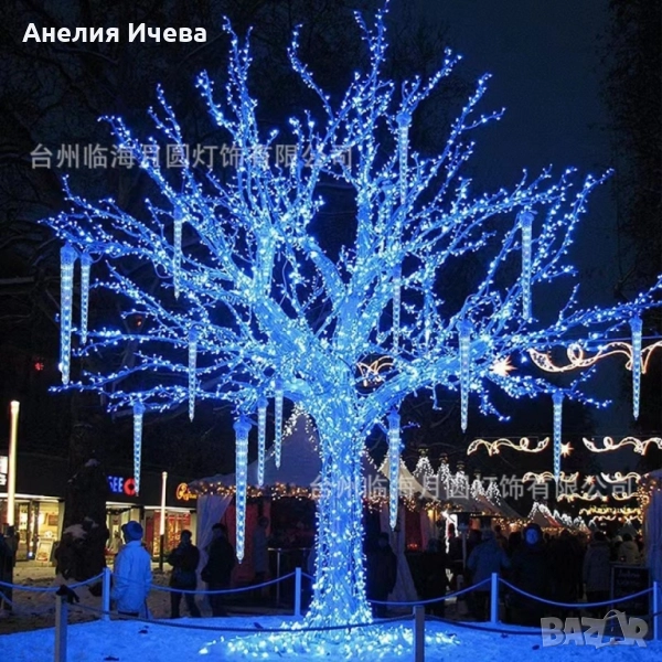 Коледна светеща украса тип падащ сняг / Светеща висулка 42cm / Бяла светлина / 8бр висулки, снимка 1