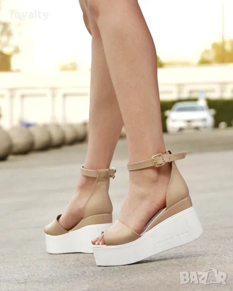 Сандали на платформа - бежова кожа с бяло ходило, снимка 1
