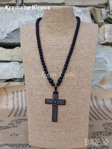 Мъжки колиета с естествени камъни и кръст от стомана. Бижута Луди гъби., снимка 1