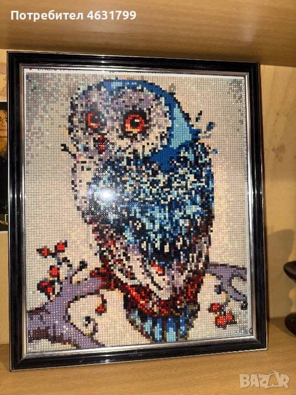 Ръчно изработен диамантен гоблен – Син бухал (30×25 см), снимка 1