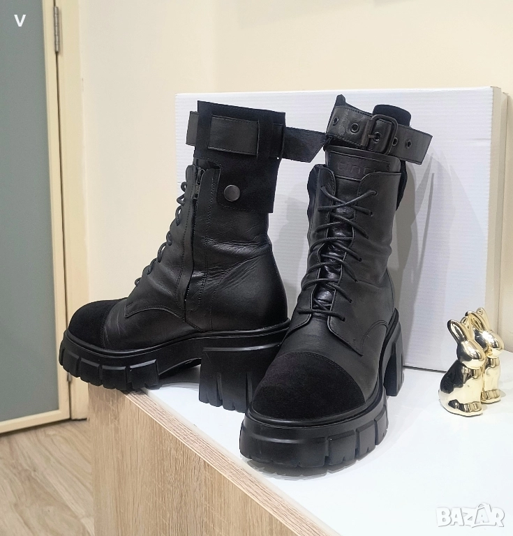Дамски черни кожени боти кубинки ботуши Tinti естествена кожа платформа 38 номер , снимка 1