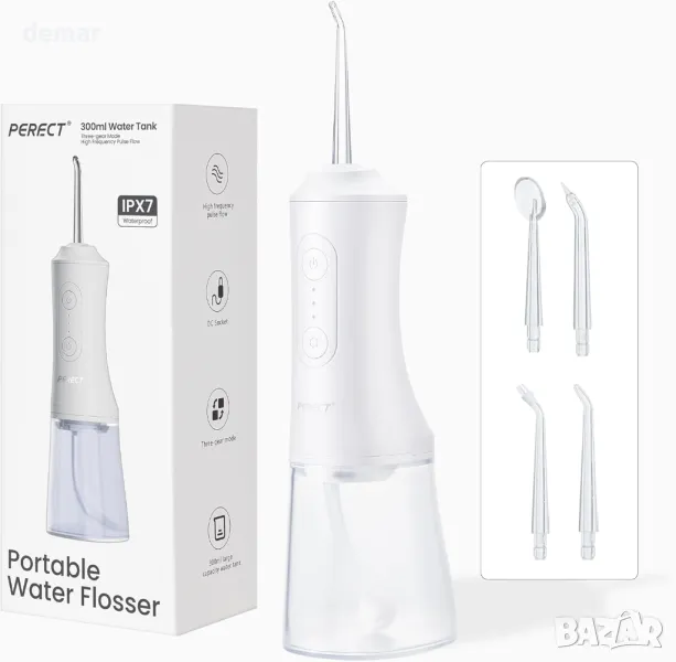 PERECT зъбен душ, 300 мл, 3 режима, 4 сменяеми накрайника, акумулаторен иригатор за устна кухина, снимка 1