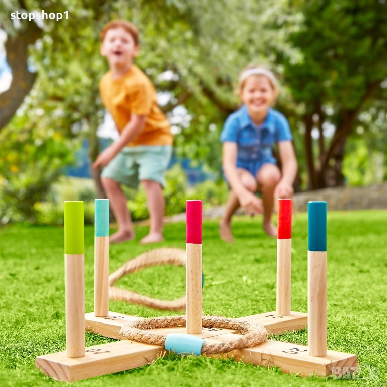 хвърляне на рингове TP Toys - Включва 5 цветни дървени колчета и перваз и 5 цветни въжени ринга. Изр, снимка 1