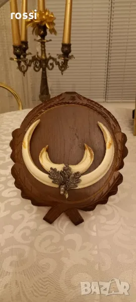 Красив немски трофей диво прасе. Не използван. Резбована трофейна поставка. Документ., снимка 1