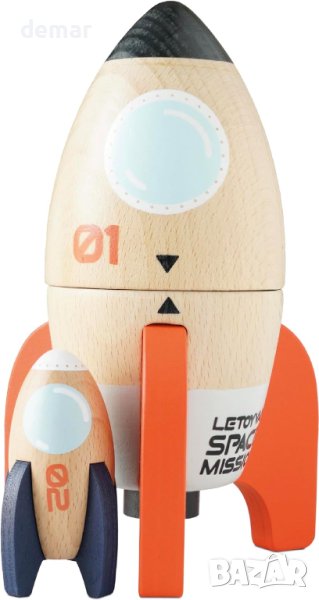 Дървена космическа дуо играчка със скрита мини ракета за малки деца, снимка 1