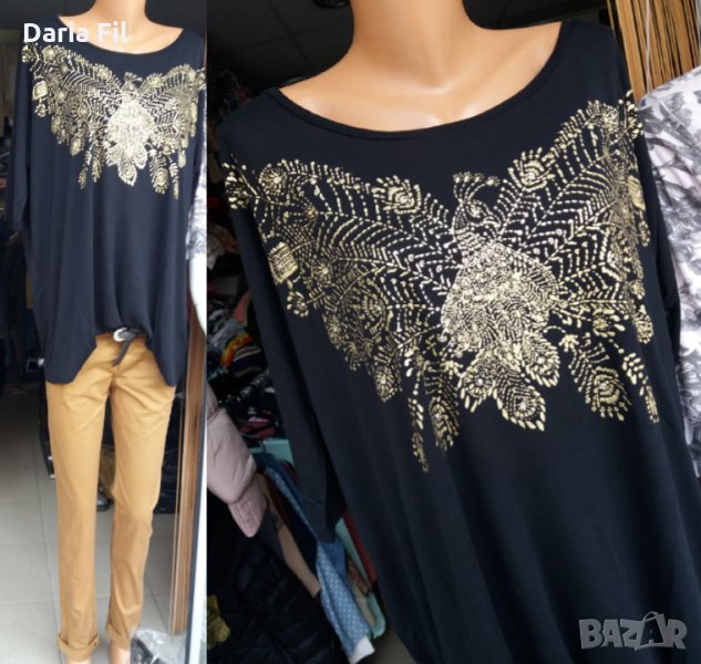 НАМАЛЕНИЕ -20% Черна блуза трико със златиста щампа птица, украсена с камъчета , снимка 1