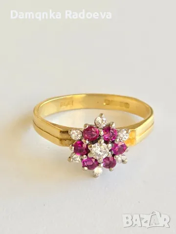 Златен пръстен с Диаманти и Рубини 18 карата проба 750, снимка 5 - Пръстени - 49783320