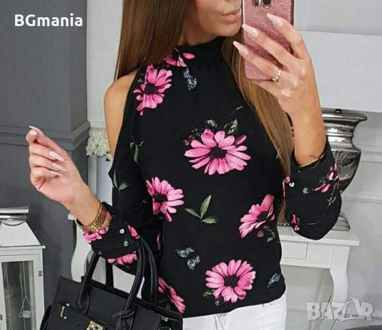 Блуза в черно с цветя и цепки на рамената размер М-Л, снимка 1 - Корсети, бюстиета, топове - 28425443