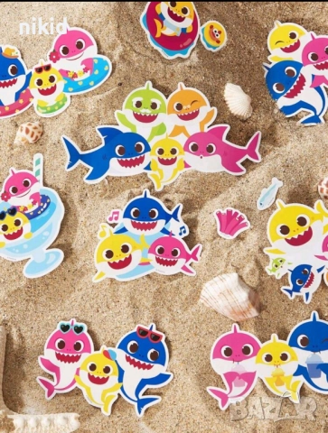 50 бр Бебе Акули Baby Shark океан самозалепващи лепенки стикери за украса декор