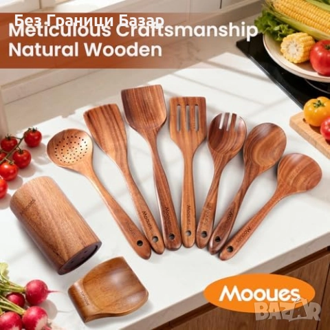 Нов Комплект дървени лъжици и шпатули от тик 9 части кухненски прибори, снимка 4 - Прибори за хранене, готвене и сервиране - 52655344