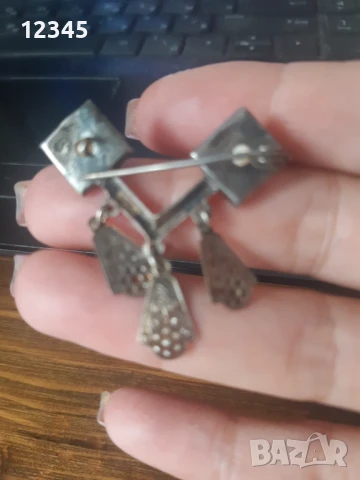 Руска, старинна сребърна брошка- естествен кехлибар!, снимка 2 - Други - 51394870