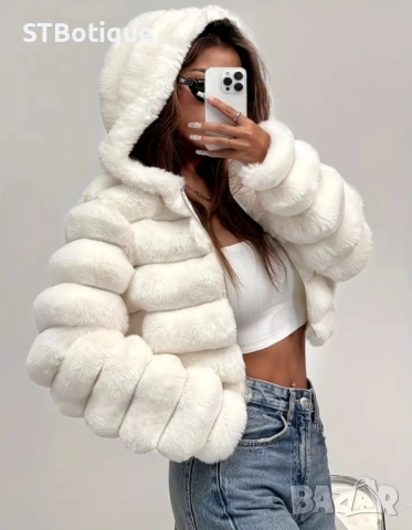 🧥 Елегантно дамско палто от изкуствена козина и качулка – STBoutique, снимка 9 - Якета - 51937982