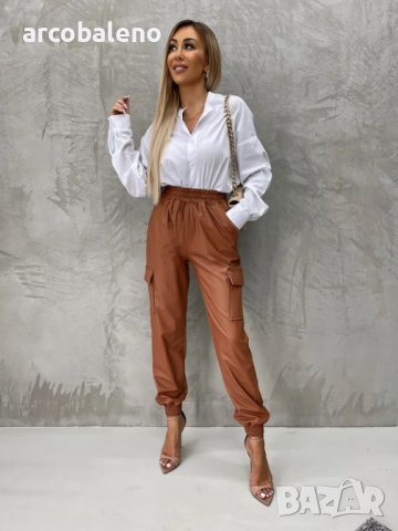 Дамски кожени панталони с прав крачол с прав ластик на талията, 2цвята, снимка 4 - Панталони - 43718611