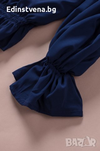 Дамска блуза в тъмносиньо с паднало ластично деколте, снимка 9 - Блузи с дълъг ръкав и пуловери - 43503332