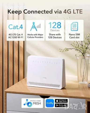 Нов Cudy LT500E 4G LTE Cat 4 модемен рутер със слот за SIM карта, AC1200 WiFi, OpenVPN, Wireguard..., снимка 2 - Рутери - 51595320