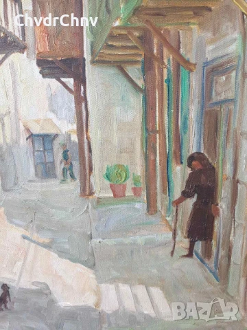 Kazakos 82х67см Казакос/голяма стара гръцка картина масло върху платно/възрожденски къщи/дърворезба, снимка 5 - Картини - 51404425