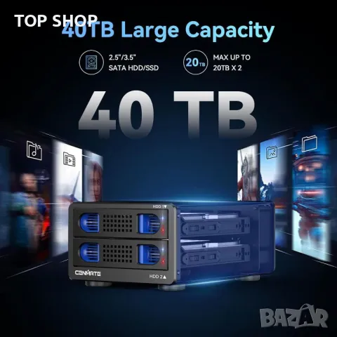 CENMATE 2 Bay RAID кутия с вентилатор за 2.5/3.5" SATA HDD/SSD, 40 ТВ, снимка 2 - Захранвания и кутии - 49444081