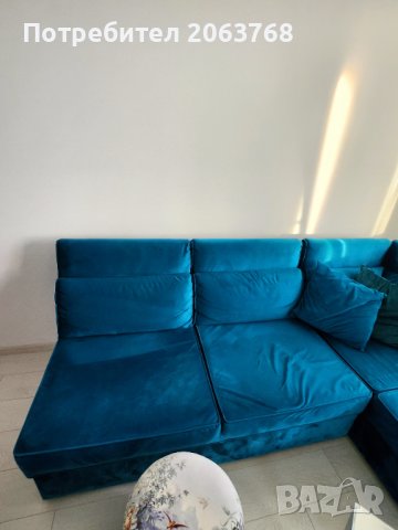 Кадифен диван в цвят петрол, снимка 3 - Дивани и мека мебел - 43214962
