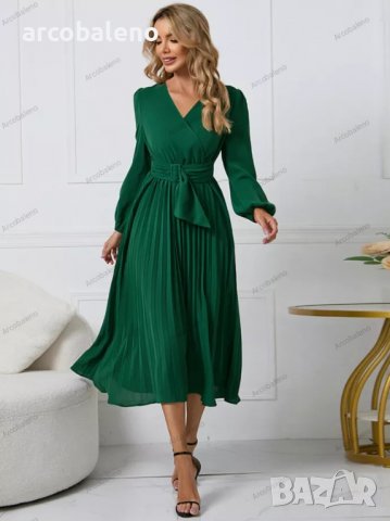 Дамска рокля с дълъг ръкав с тънък плисиран колан с V-образно деколте и пола с A-силует, 4цвята , снимка 14 - Рокли - 39147866