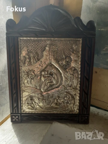 Голяма сребърна икона с дървена рамка дърворезба сертификат, снимка 3 - Антикварни и старинни предмети - 51301480