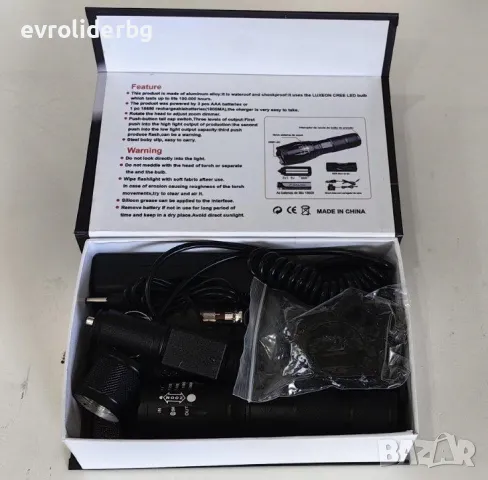 ПРОМОЦИЯ!!! МОЩЕН LED ФЕНЕР К-Т СЪС СТОЙКА, ИЗНЕСЕН СПУСЪК И ДВА ВИДА ЗАРЯДНИ 12V и 220V.