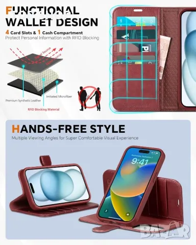 Калъф TUCCH за iPhone 15 Plus (6,7") 2023 г., тъмно червен, снимка 5 - Калъфи, кейсове - 49333161