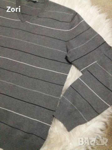 УНИКАЛЕН мъжки пуловер с остро деколте - сив на ситно райе, снимка 3 - Пуловери - 43280083
