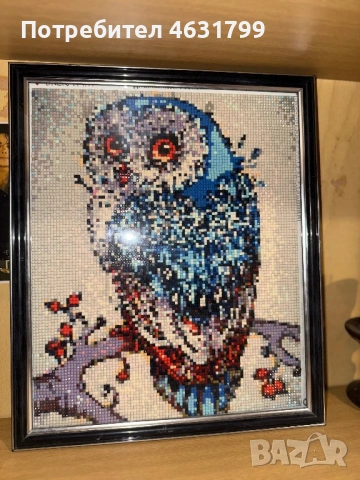 Ръчно изработен диамантен гоблен – Син бухал (30×25 см)